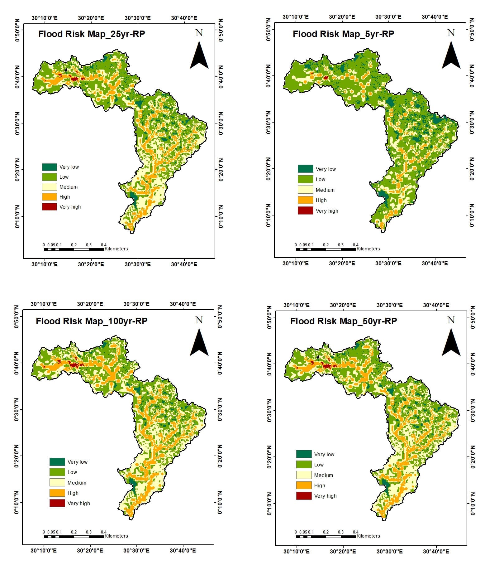 Four flood-risk maps of the Mpanga River catchment for 5-, 25-, 50-, and 100-year return periods, with risk classes from very low to very high.